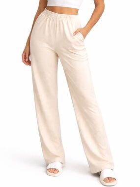Naked Wardrobe Cream Lounge Pants High Waisted Straight Leg Sweatpants Size L